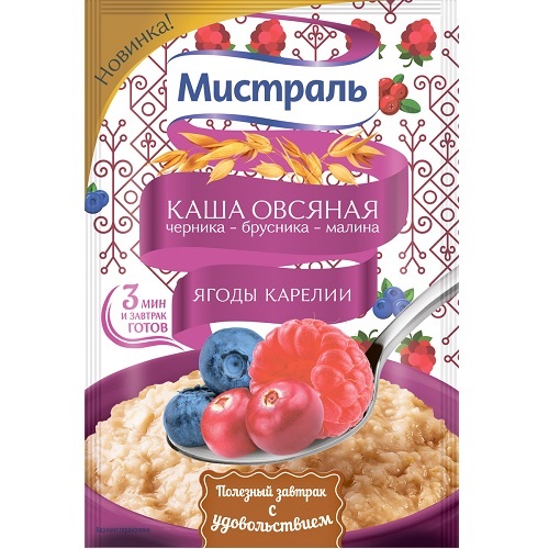 Мистраль каша овсяная Ягоды Карелии (черника, брусника, малина), 40 гр